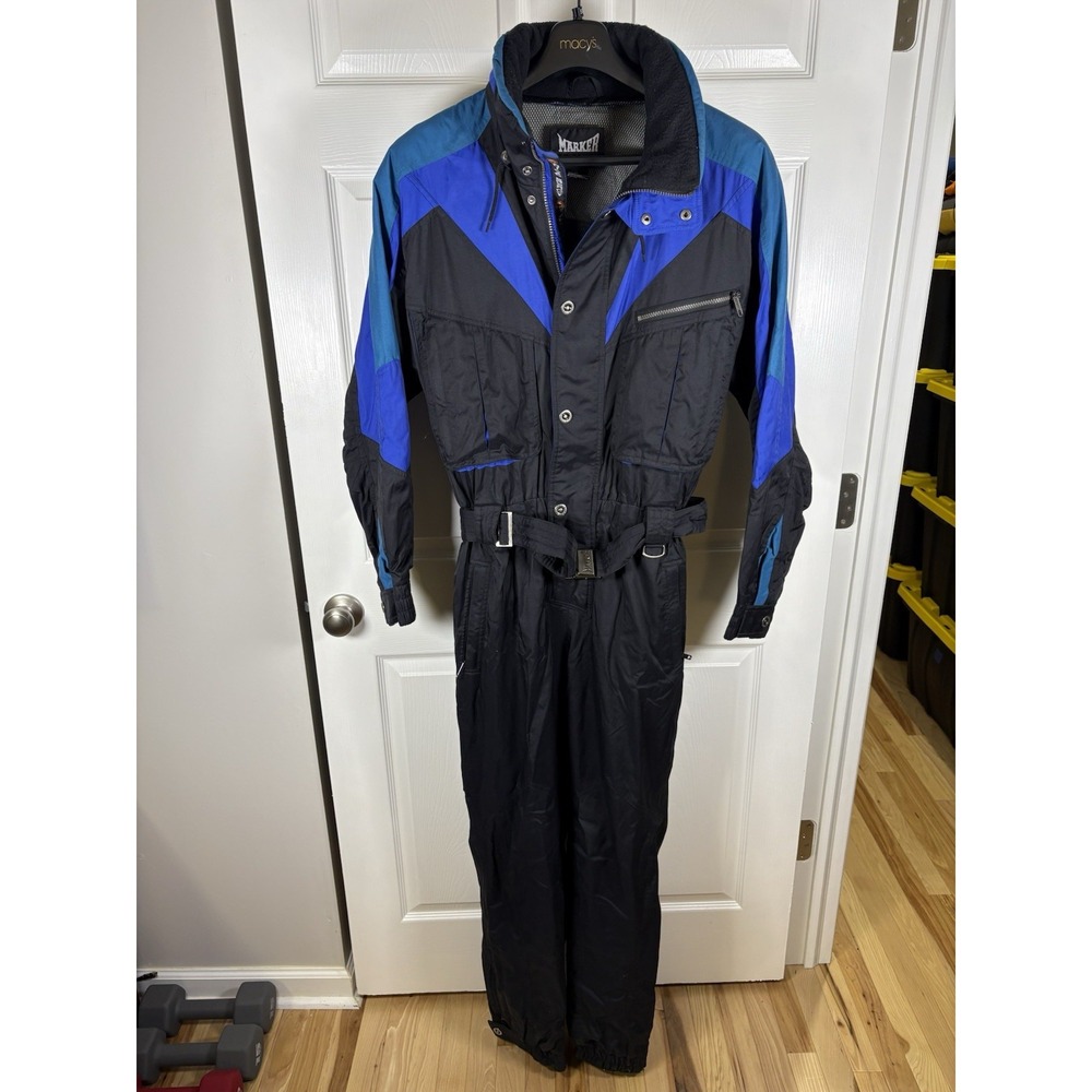 Vintage Marker Vertical Energy One Piece Ski Suit Womens M Black Teal Blue 90s